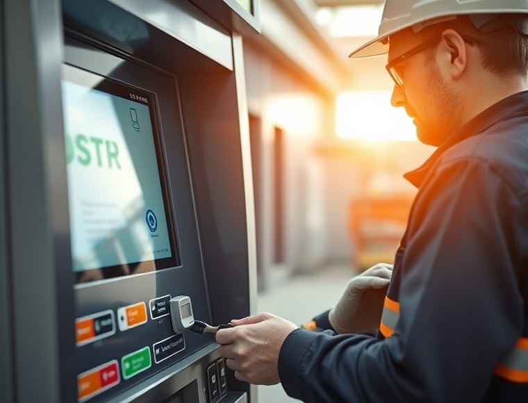 Técnico realizando el mantenimiento de un terminal de autoservicio