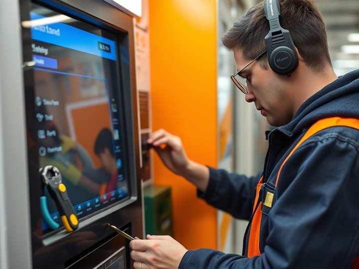 Equipo técnico trabajando sobre un terminal de autoservicio