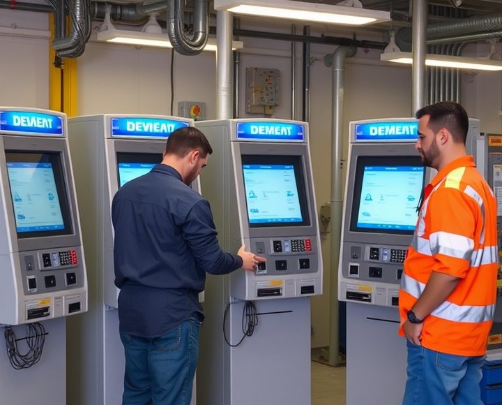 Técnico realizando el mantenimiento de un terminal de autoservicio